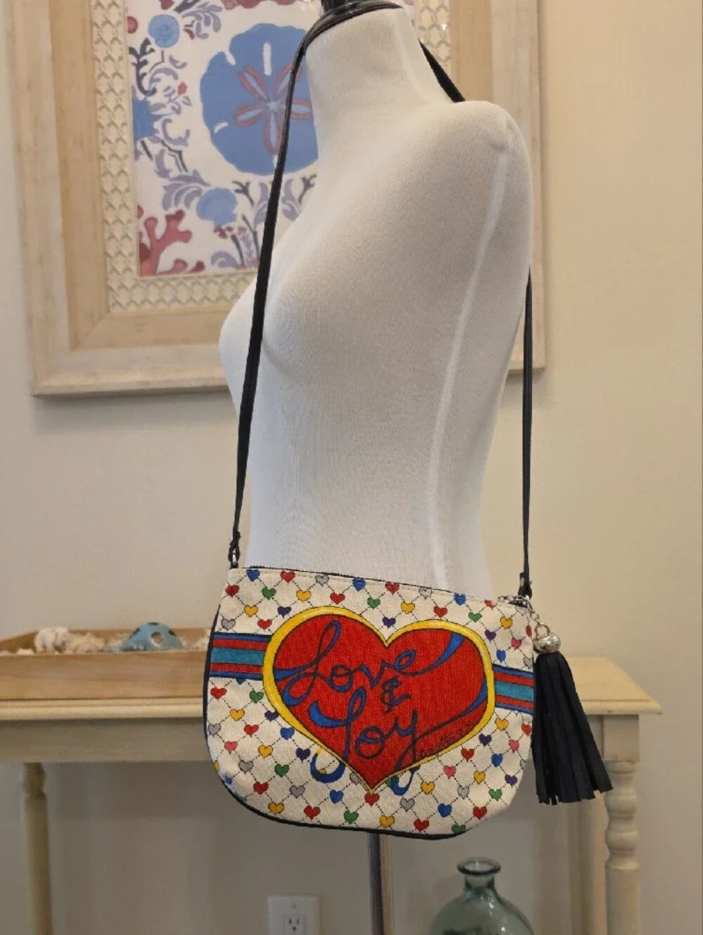 Brighton White Crossbody Bag with Multicolor Hearts & Blue-Red Bow